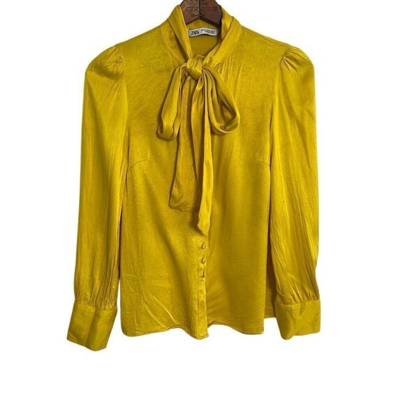 Zara Satin Neck Tie Long Sleeve Button Front Blouse Yellow Size XS - Picture 1 of 8